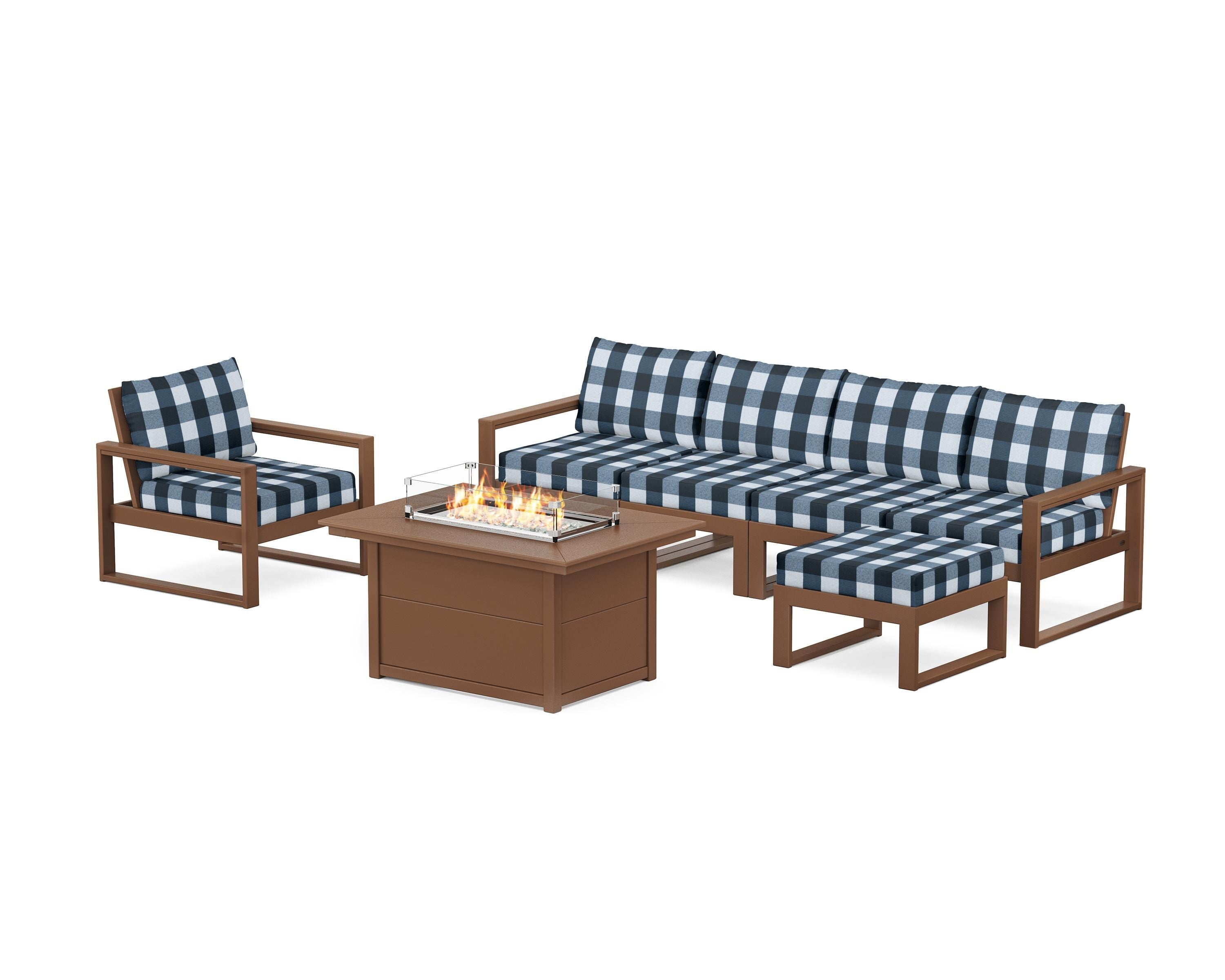 POLYWOOD® EDGE Sectional Lounge and Fire Pit Set in Teak / Buffalo Plaid Marine Indigo