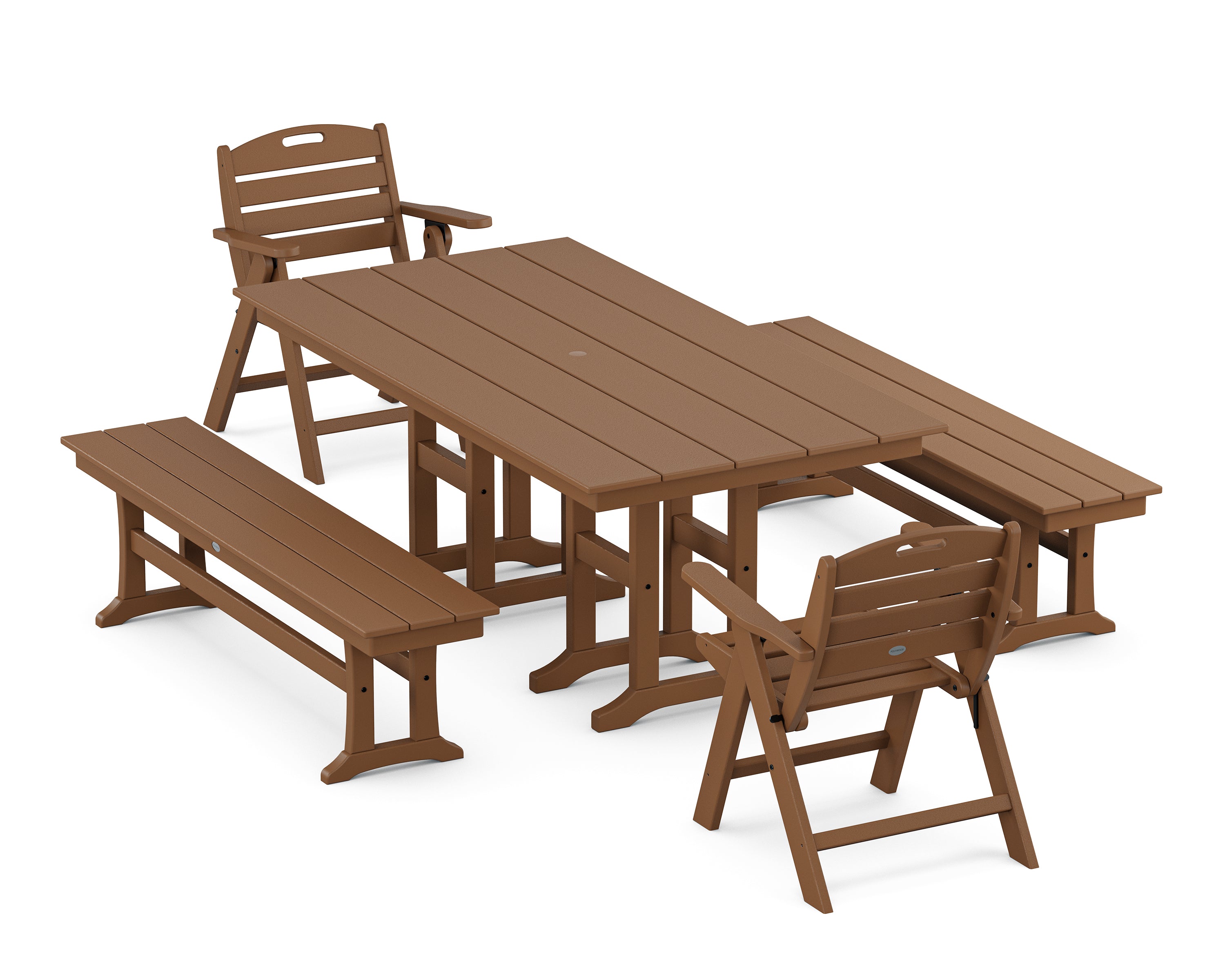 POLYWOOD® Nautical Lowback 5-Piece Farmhouse Dining Set with Benches in Teak