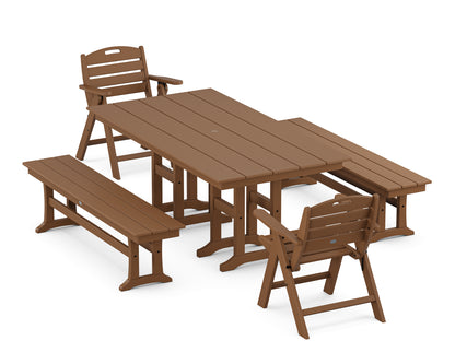 POLYWOOD® Nautical Lowback 5-Piece Farmhouse Dining Set with Benches in Teak
