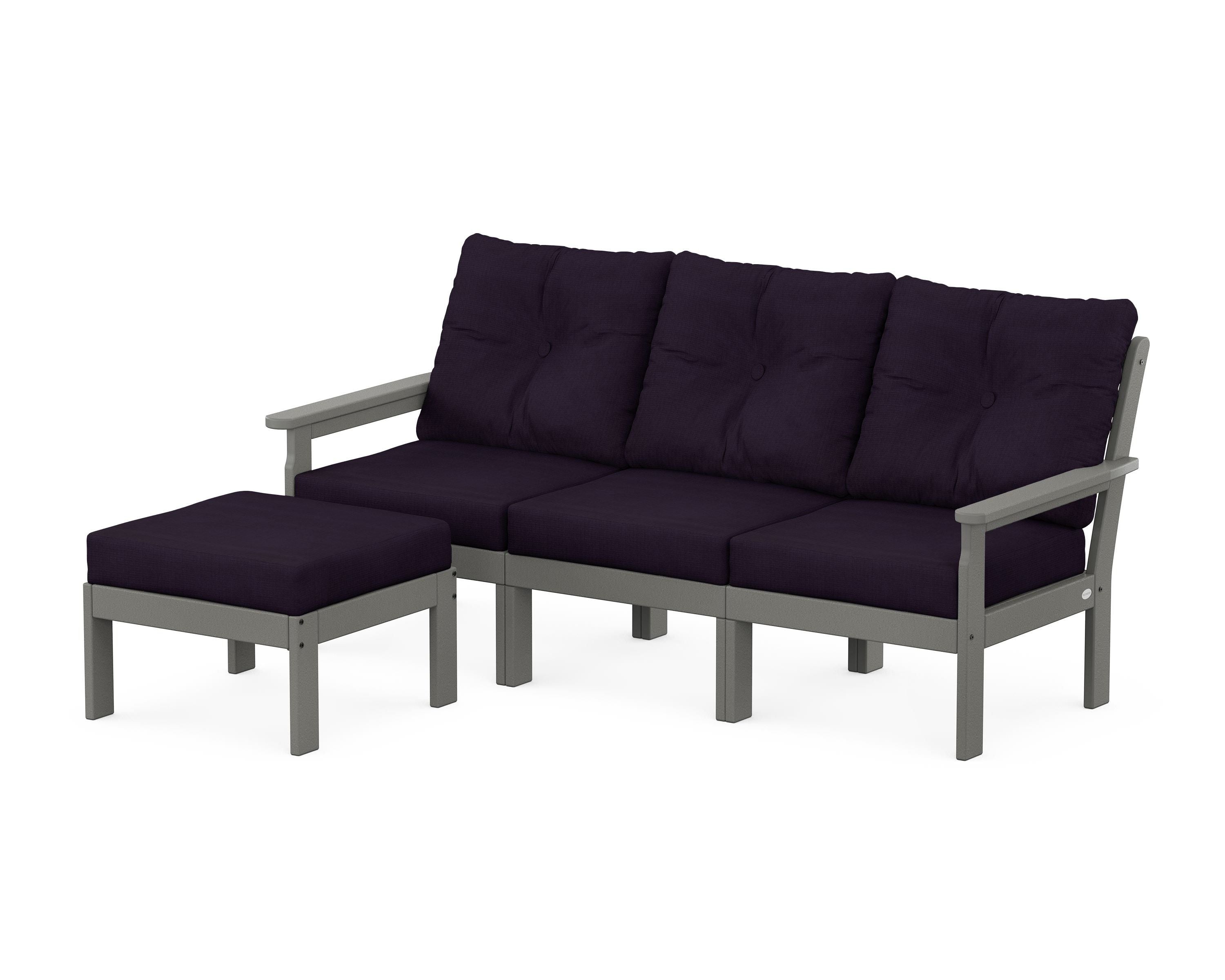 POLYWOOD® Vineyard 4-Piece Sectional with Ottoman in Slate Grey / Navy Linen
