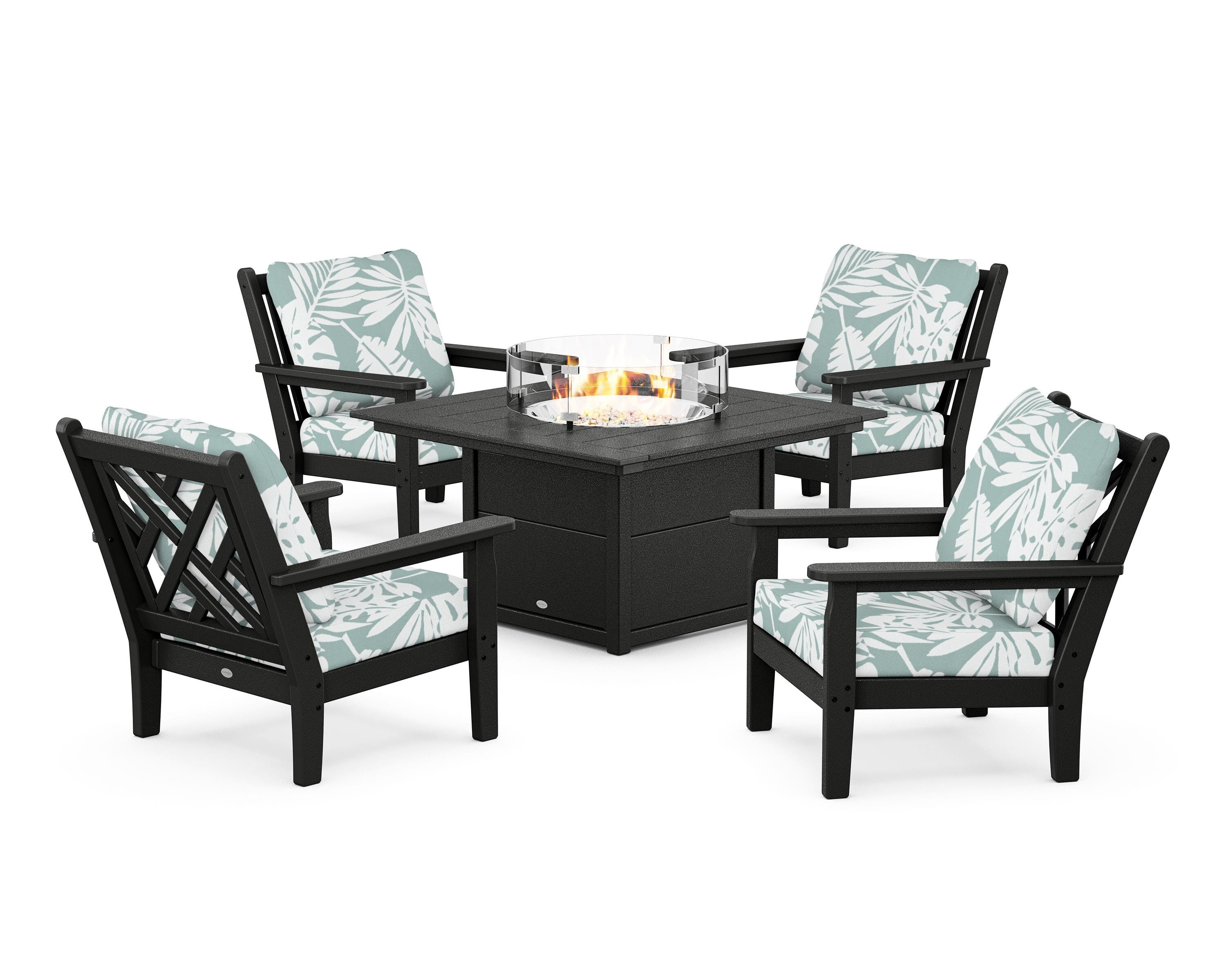 POLYWOOD® Chippendale 5-Piece Deep Seating Set with Fire Pit Table in Black / Leaf Glacier Spa