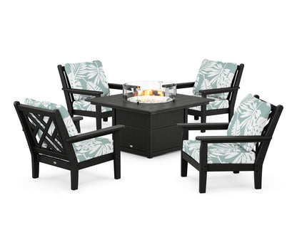 POLYWOOD® Chippendale 5-Piece Deep Seating Set with Fire Pit Table in Black / Leaf Glacier Spa