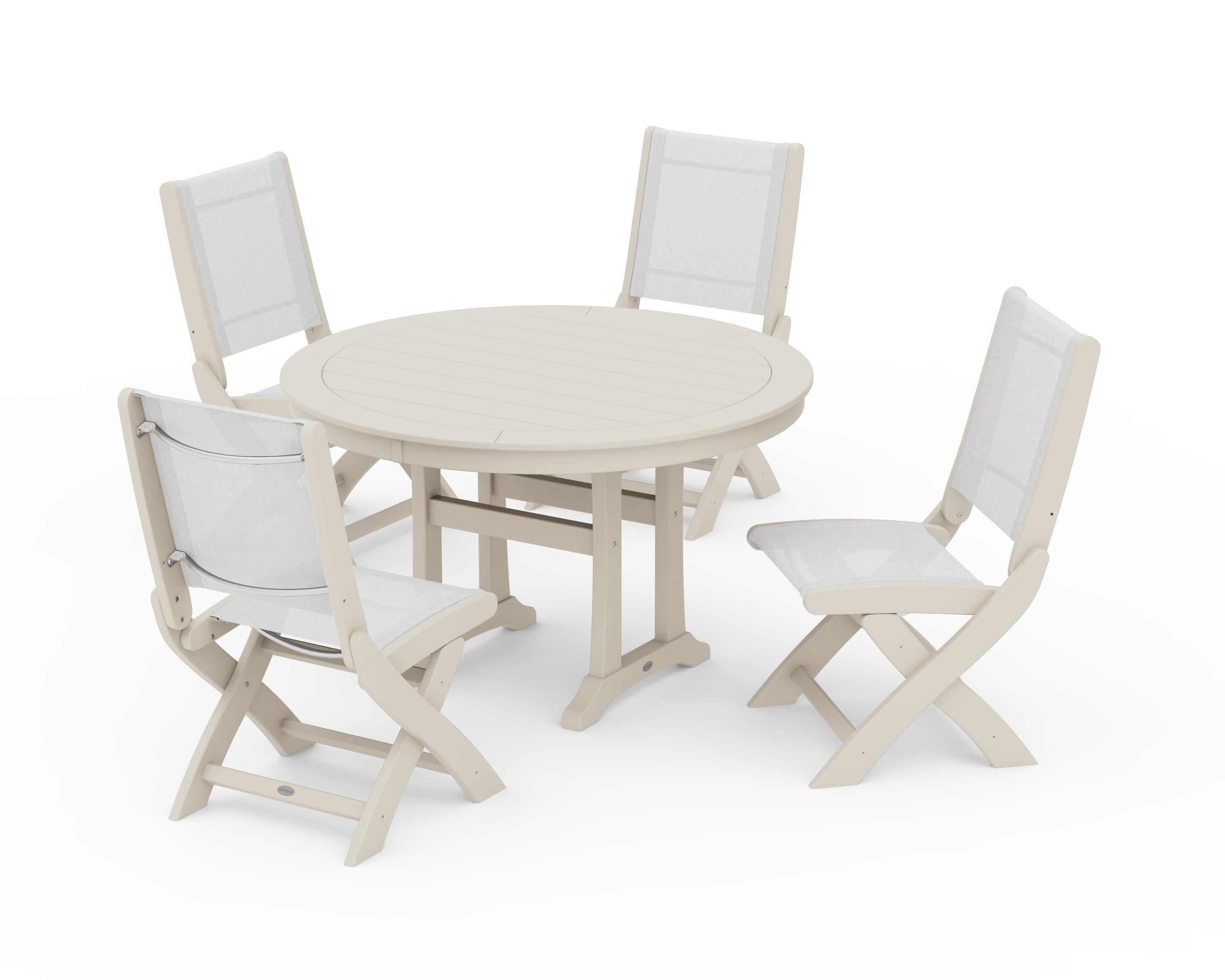 POLYWOOD® Coastal Folding Side Chair 5-Piece Round Dining Set With Trestle Legs in Sand / White Sling