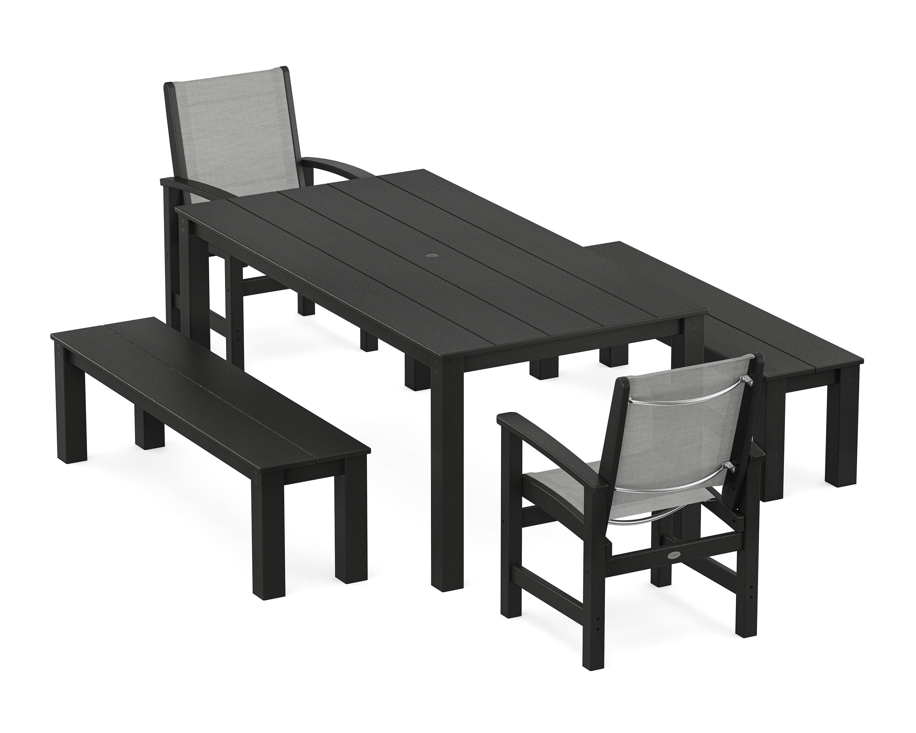 POLYWOOD® Coastal 5-Piece Parsons Dining Set with Benches in Black / Metallic Sling