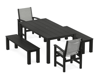 POLYWOOD® Coastal 5-Piece Parsons Dining Set with Benches in Black / Metallic Sling
