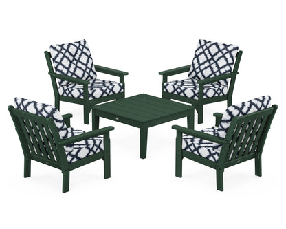 POLYWOOD® Vineyard 5-Piece Deep Seating Conversation Set in Green / Trellis Marine Indigo