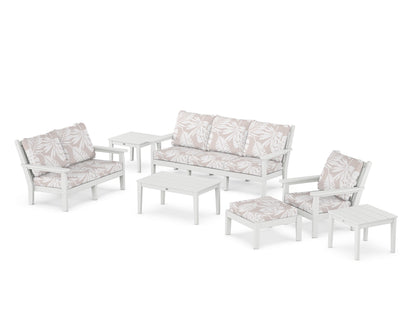 POLYWOOD® Chippendale 7-Piece Deep Seating Set in White / Leaf Dune Burlap