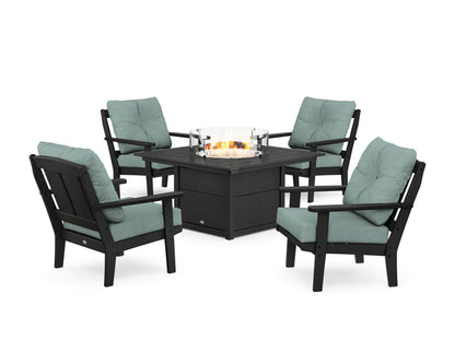 POLYWOOD® Mission 5-Piece Deep Seating Set with Fire Pit Table in Black / Glacier Spa