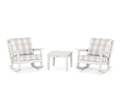 POLYWOOD® Chippendale 3-Piece Deep Seating Rocker Set in White / Buffalo Plaid Dune Burlap