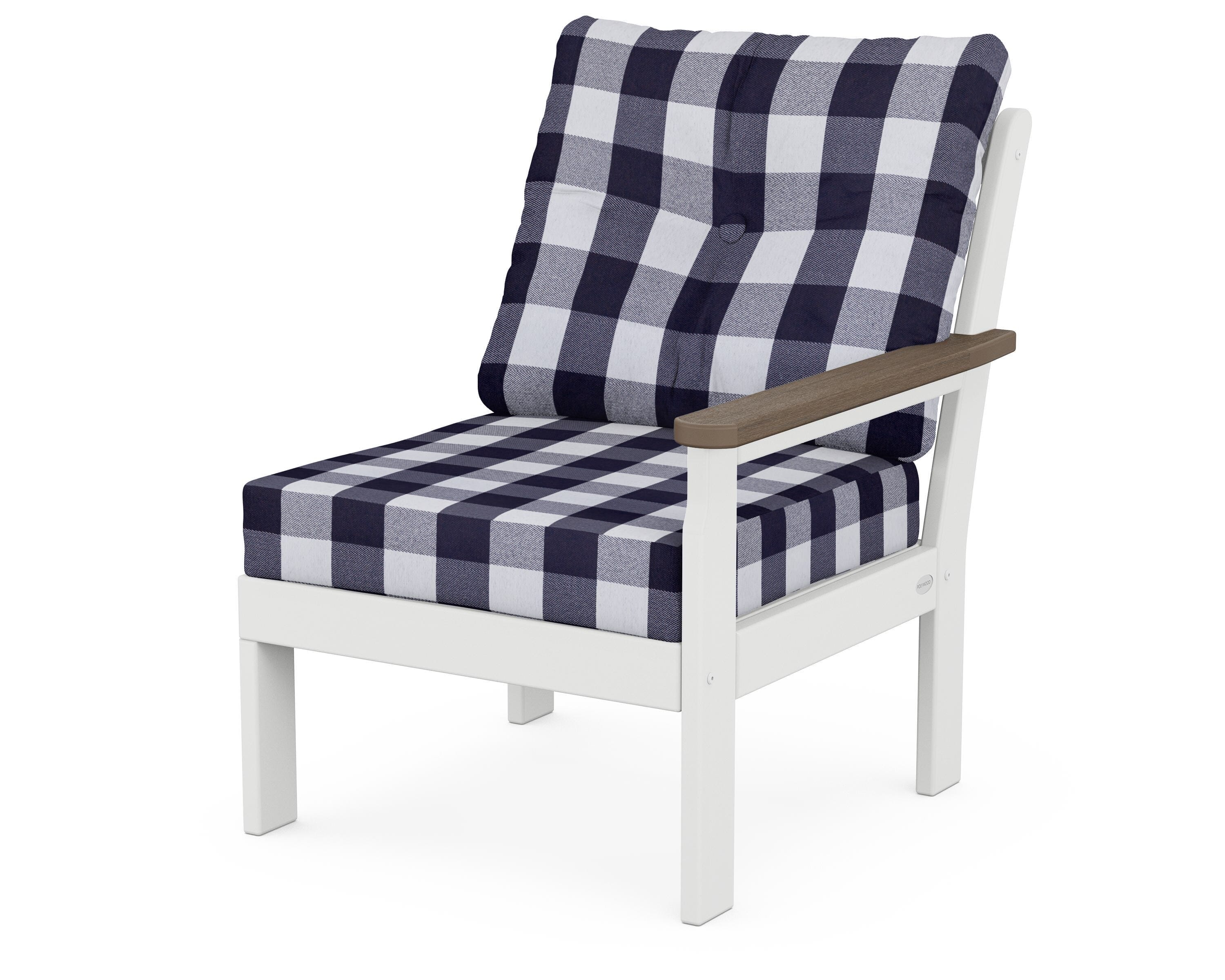 POLYWOOD® Vineyard Modular Right Arm Chair in White / Kona / Buffalo Plaid Navy