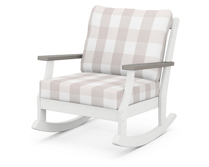 POLYWOOD® Braxton Deep Seating Rocking Chair in White / Driftwood / Buffalo Plaid Dune Burlap