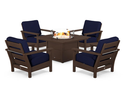 POLYWOOD® Harbour 5-Piece Conversation Set with Fire Pit Table in Mahogany / Navy