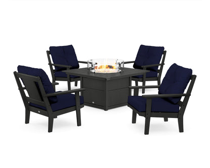 POLYWOOD® Prairie 5-Piece Deep Seating Set with Fire Pit Table in Black / Navy