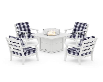 Draper James™ by  POLYWOOD® Savannah 5-Piece Deep Seating Set with Fire Pit Table in White / Buffalo Plaid Navy