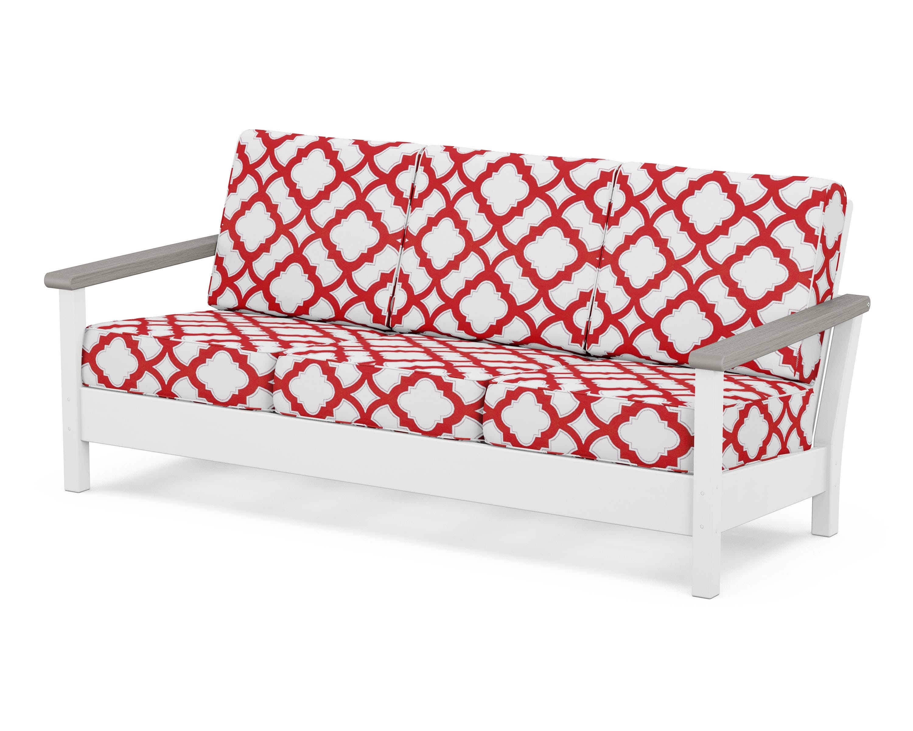 POLYWOOD® Harbour Deep Seating Sofa in White / Driftwood / Trellis Crimson