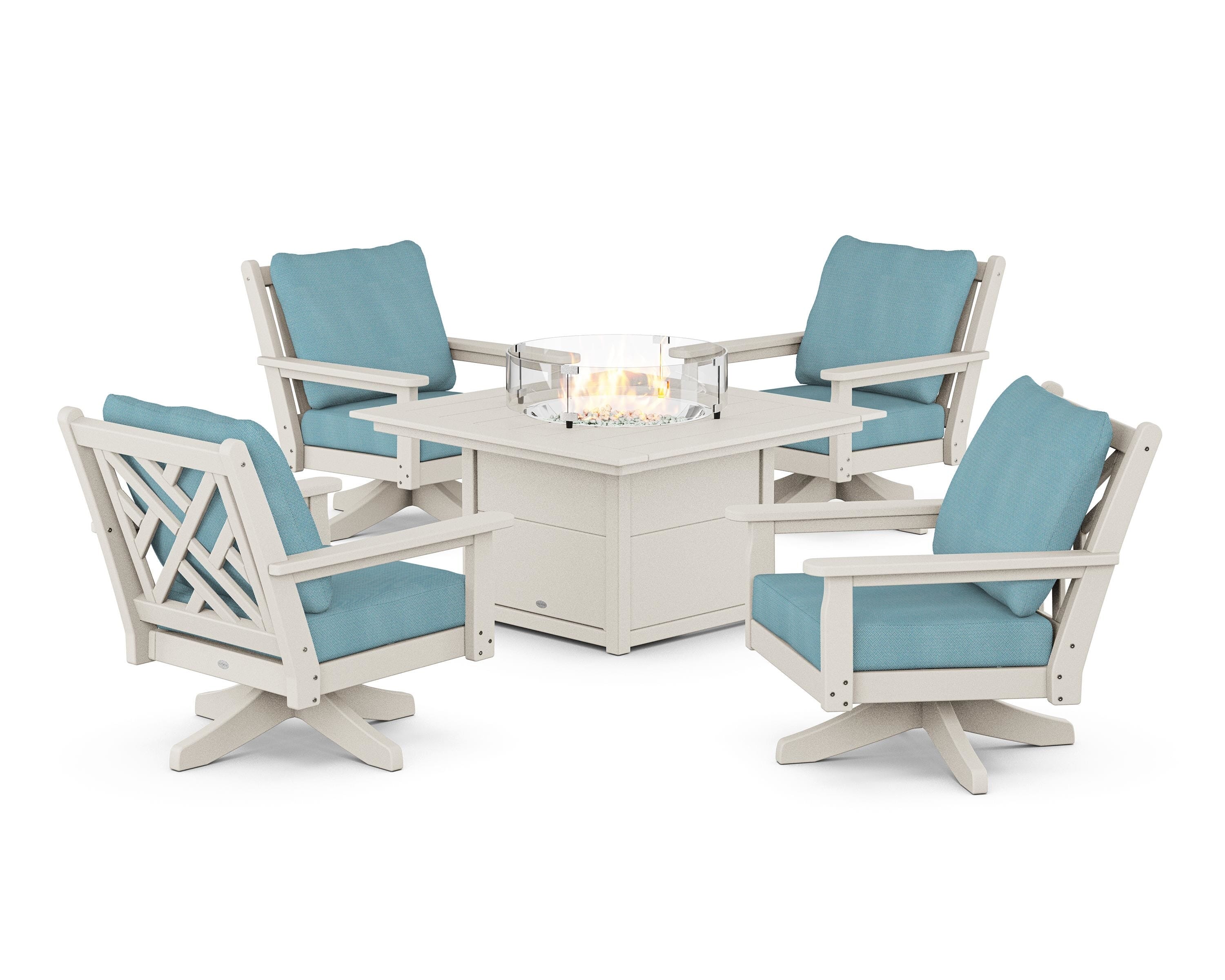 POLYWOOD® Chippendale 5-Piece Deep Seating Swivel Conversation Set with Fire Pit Table in Sand / Lattice Sky Blue