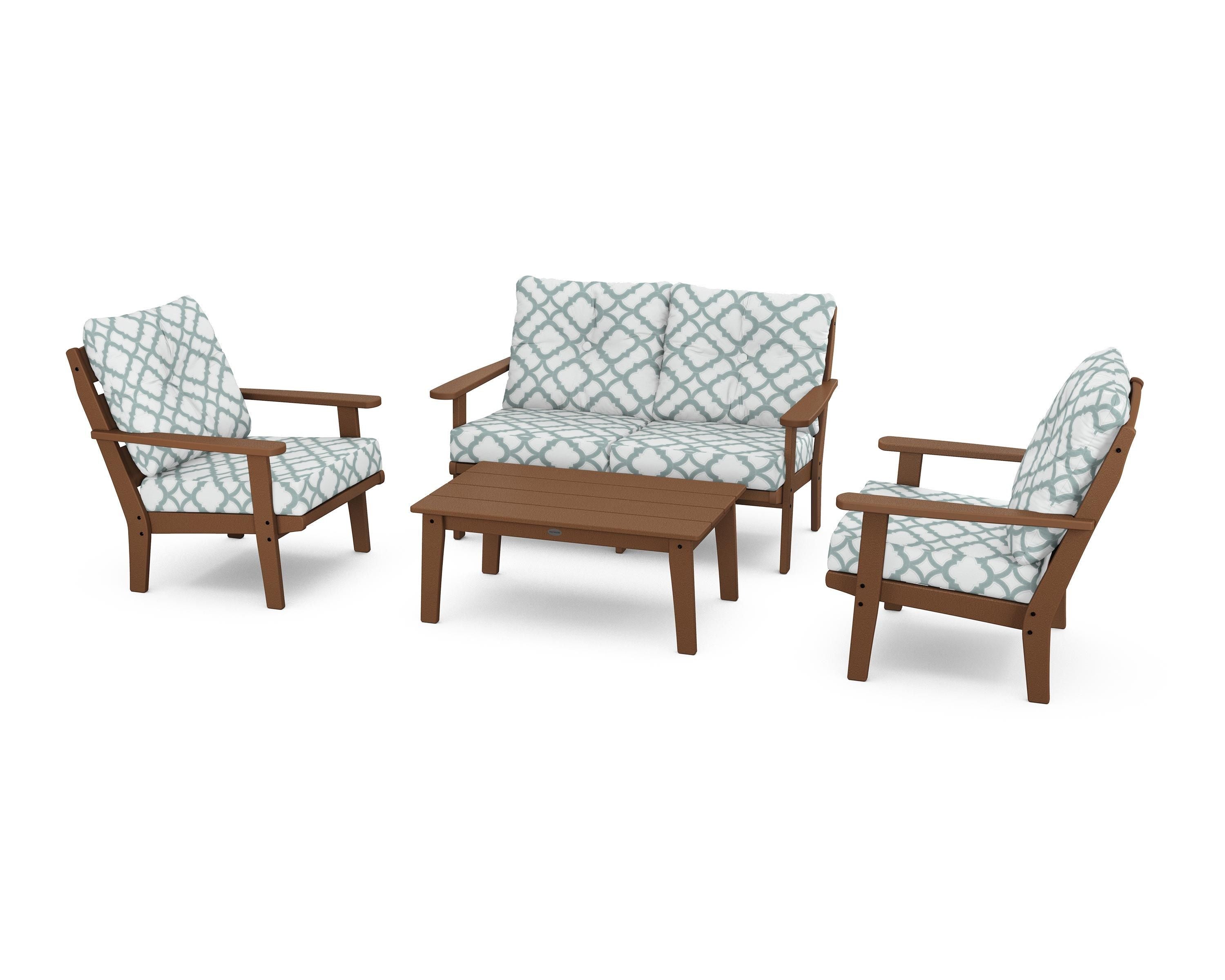 POLYWOOD® Lakeside 4-Piece Deep Seating Set in Teak / Trellis Glacier Spa