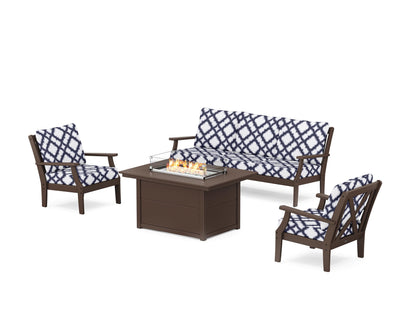 POLYWOOD® Braxton Deep Seating Fire Pit Table Set in Mahogany / Trellis Navy