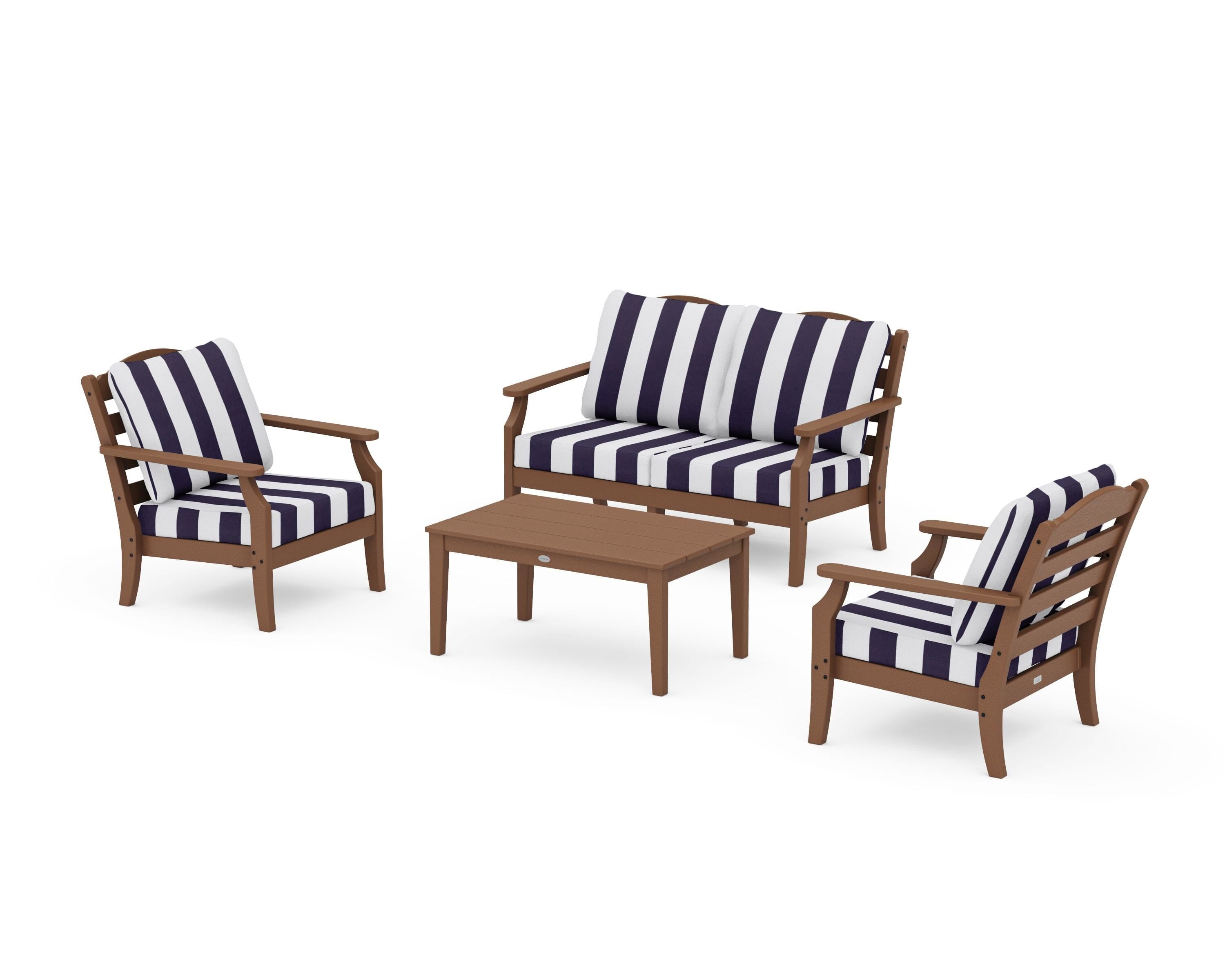 Draper James™ by  POLYWOOD® Savannah 4-Piece Deep Seating Set with Loveseat in Teak / Cabana Stripe Navy