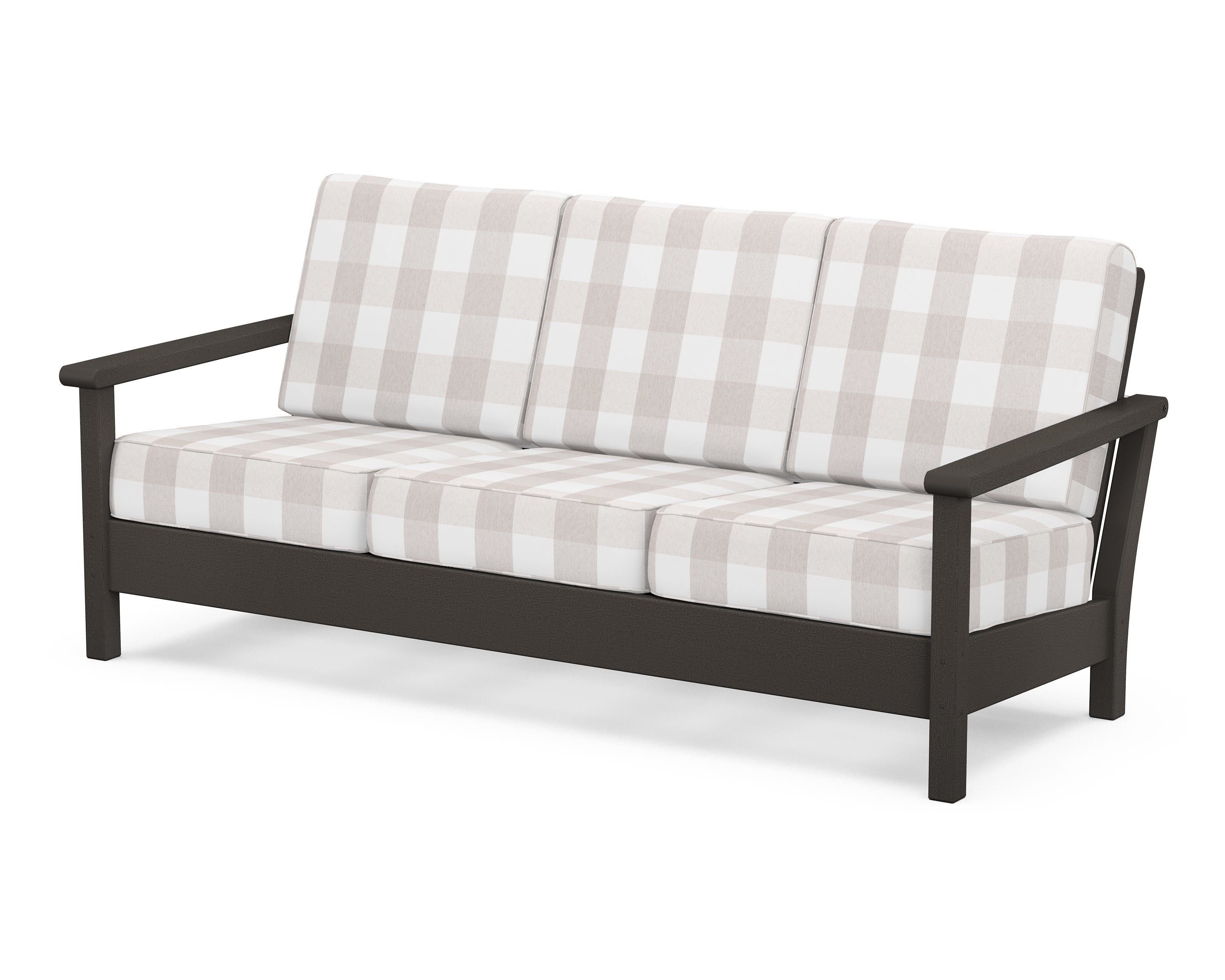 POLYWOOD® Harbour Deep Seating Sofa in Vintage Coffee / Buffalo Plaid Dune Burlap