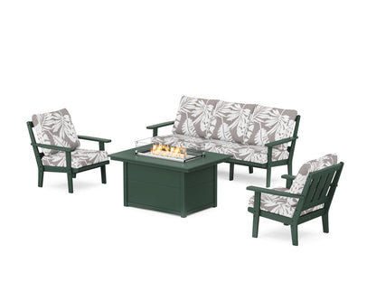 POLYWOOD® Oxford Deep Seating Fire Pit Table Set in Green / Leaf Grey Mist