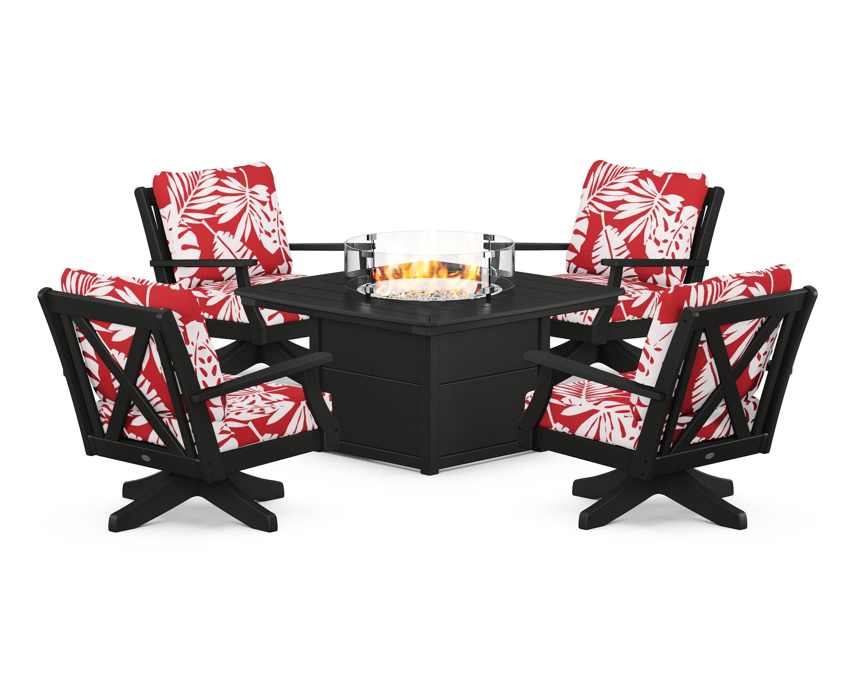 POLYWOOD® Braxton 5-Piece Deep Seating Swivel Conversation Set with Fire Pit Table in Black / Leaf Crimson
