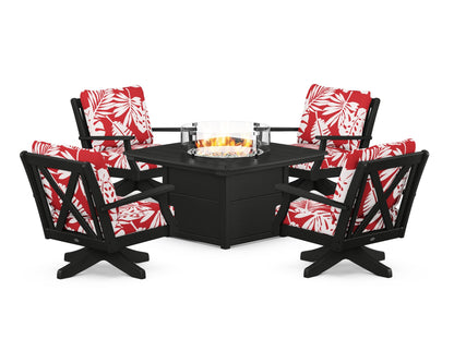 POLYWOOD® Braxton 5-Piece Deep Seating Swivel Conversation Set with Fire Pit Table in Black / Leaf Crimson