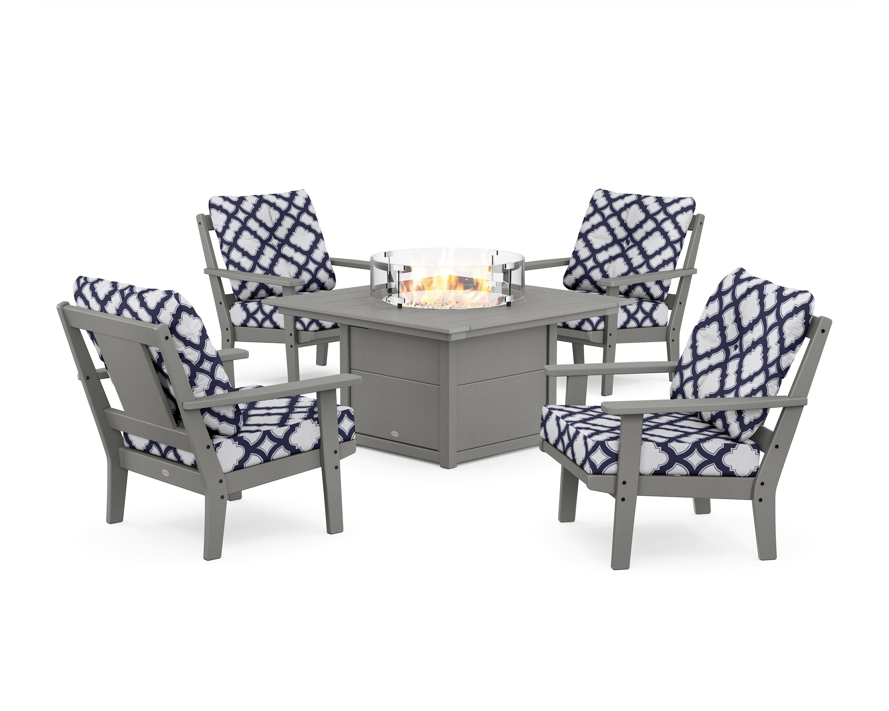 POLYWOOD® Prairie 5-Piece Deep Seating Set with Fire Pit Table in Slate Grey / Trellis Navy