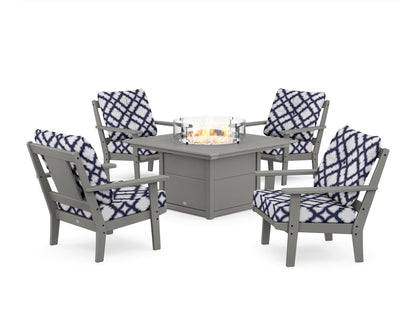 POLYWOOD® Prairie 5-Piece Deep Seating Set with Fire Pit Table in Slate Grey / Trellis Navy