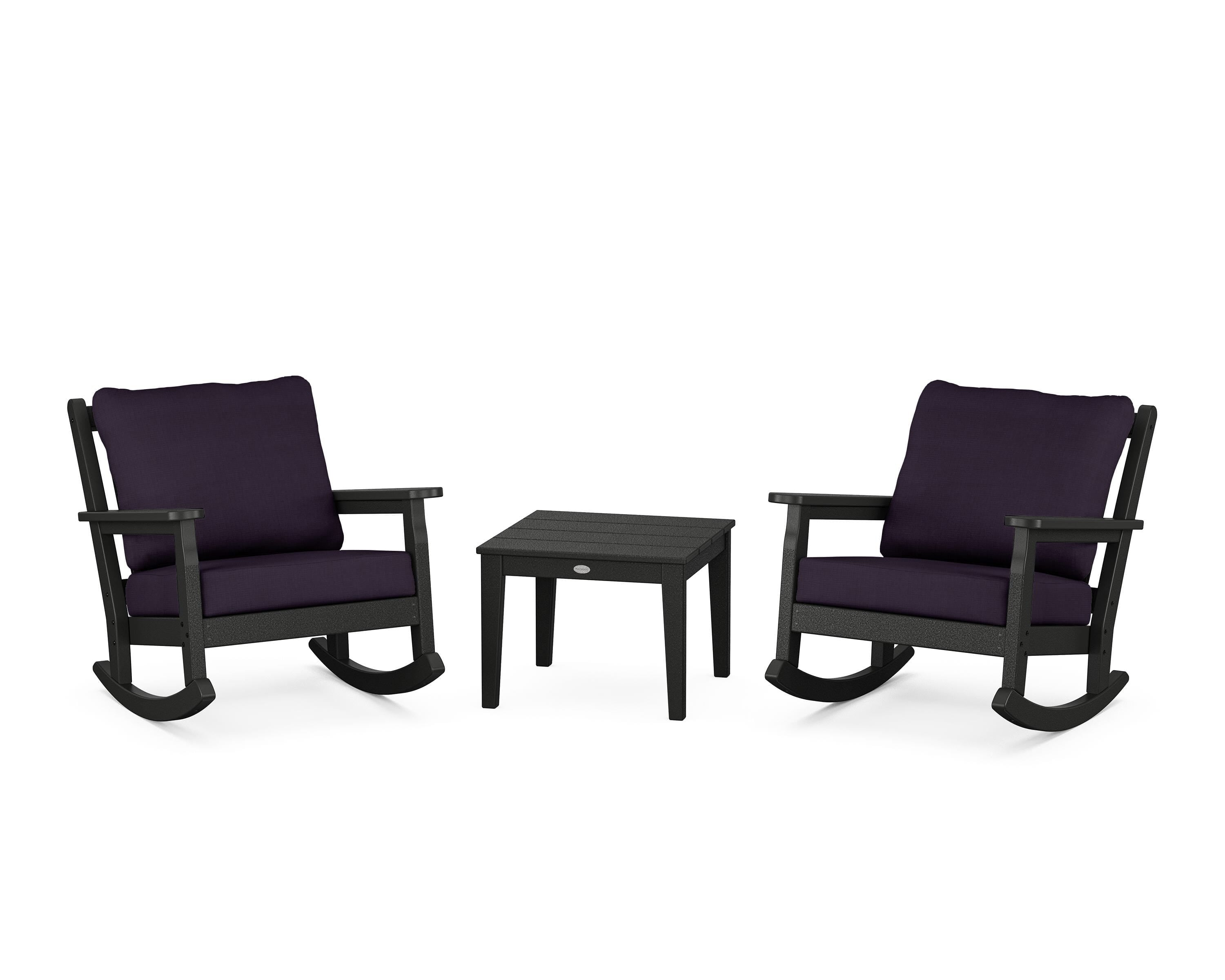 POLYWOOD® Chippendale 3-Piece Deep Seating Rocker Set in Black / Navy Linen