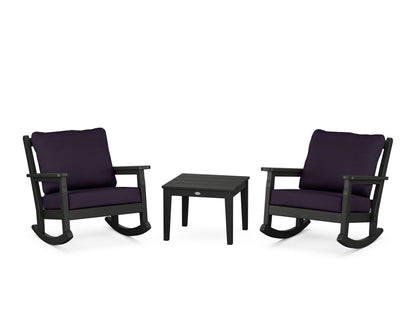 POLYWOOD® Chippendale 3-Piece Deep Seating Rocker Set in Black / Navy Linen