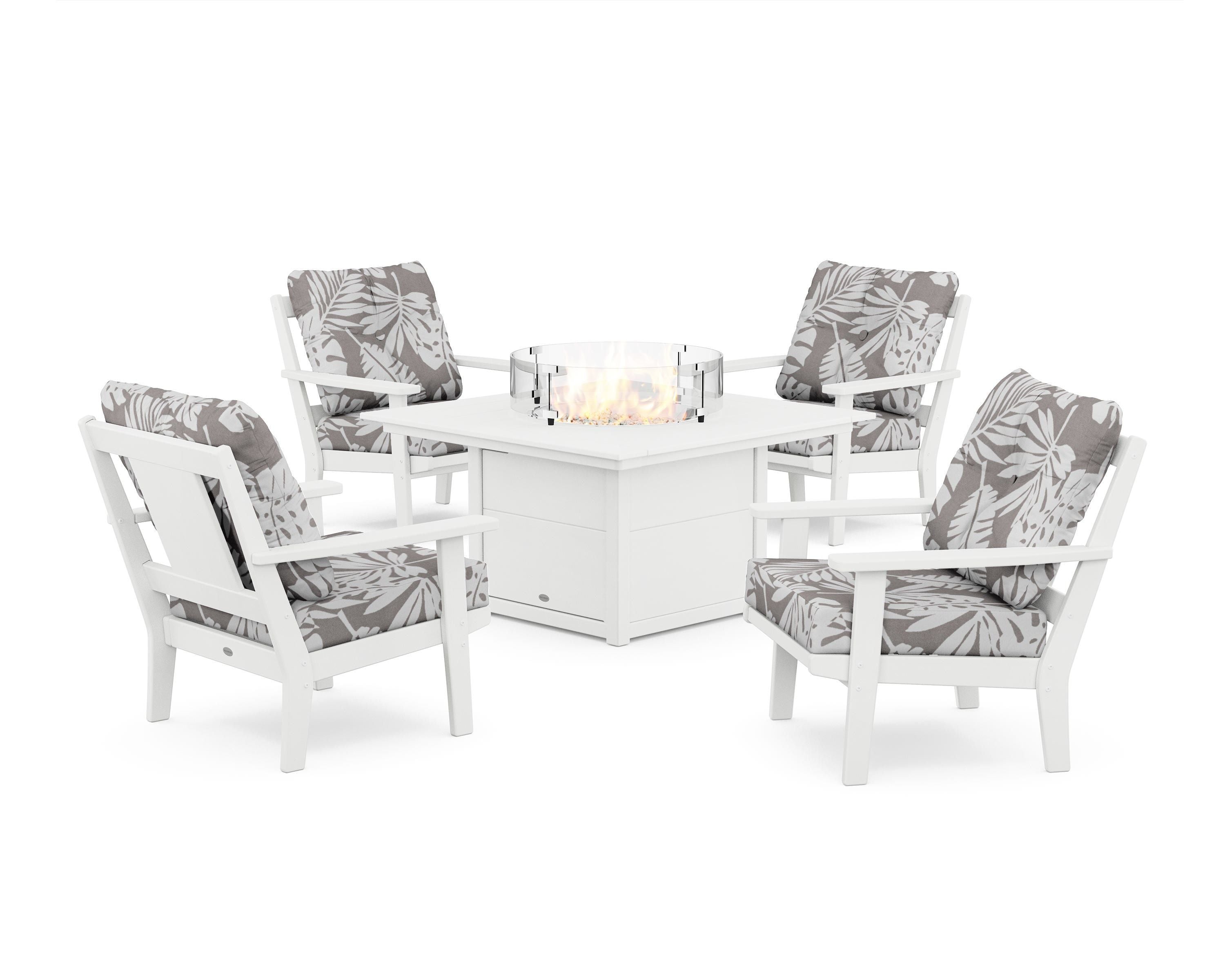 POLYWOOD® Prairie 5-Piece Deep Seating Set with Fire Pit Table in White / Leaf Grey Mist
