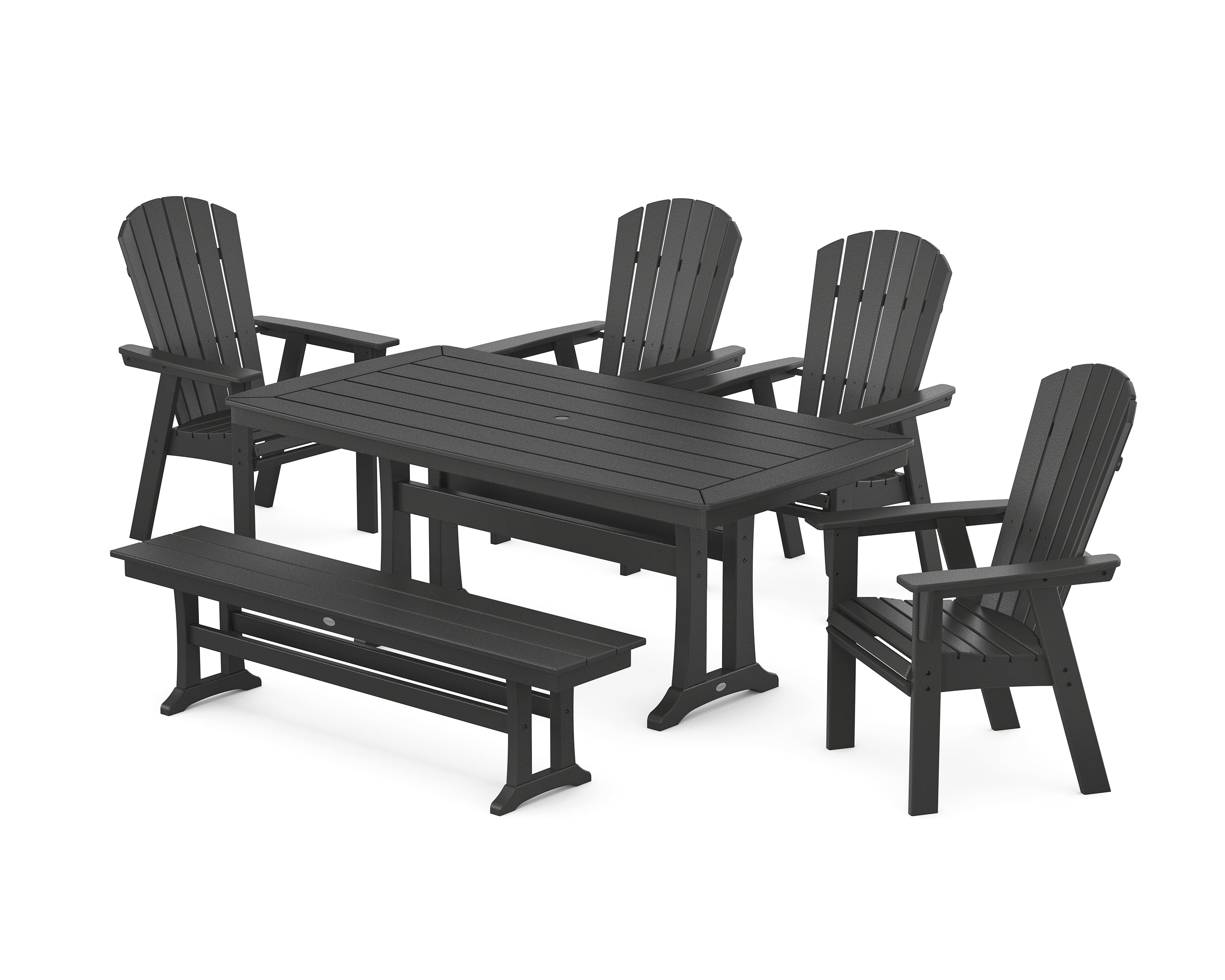 POLYWOOD® Nautical Curveback Adirondack 6-Piece Dining Set with Trestle Legs and Bench in Black