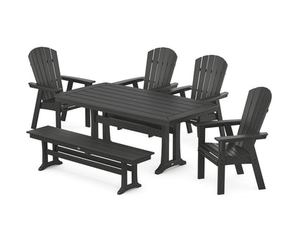POLYWOOD® Nautical Curveback Adirondack 6-Piece Dining Set with Trestle Legs and Bench in Black