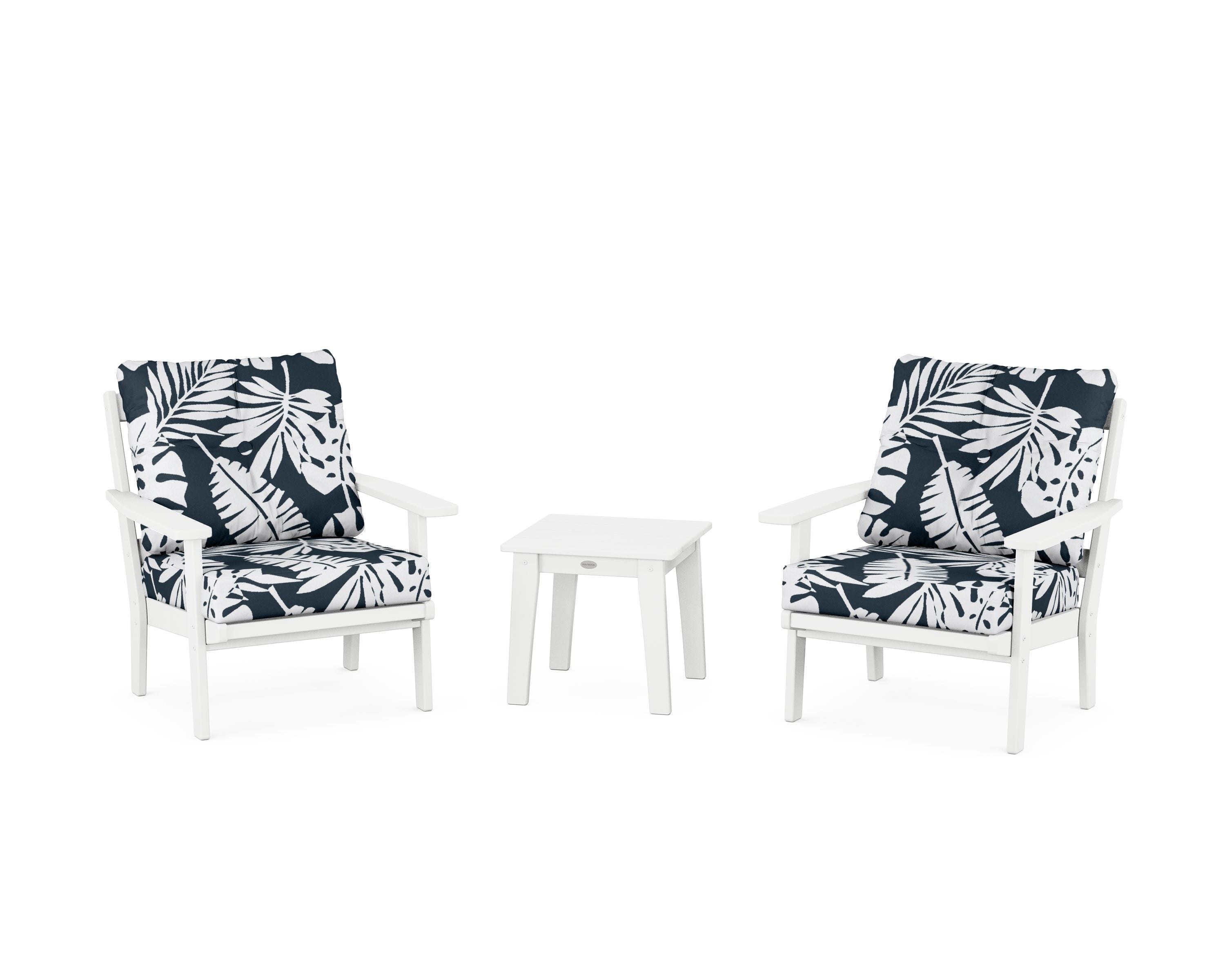 POLYWOOD® Prairie 3-Piece Deep Seating Set in White / Leaf Marine Indigo