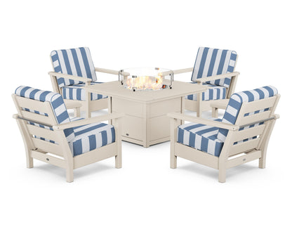 POLYWOOD® Harbour 5-Piece Conversation Set with Fire Pit Table in Sand / Cabana Stripe Sky Blue
