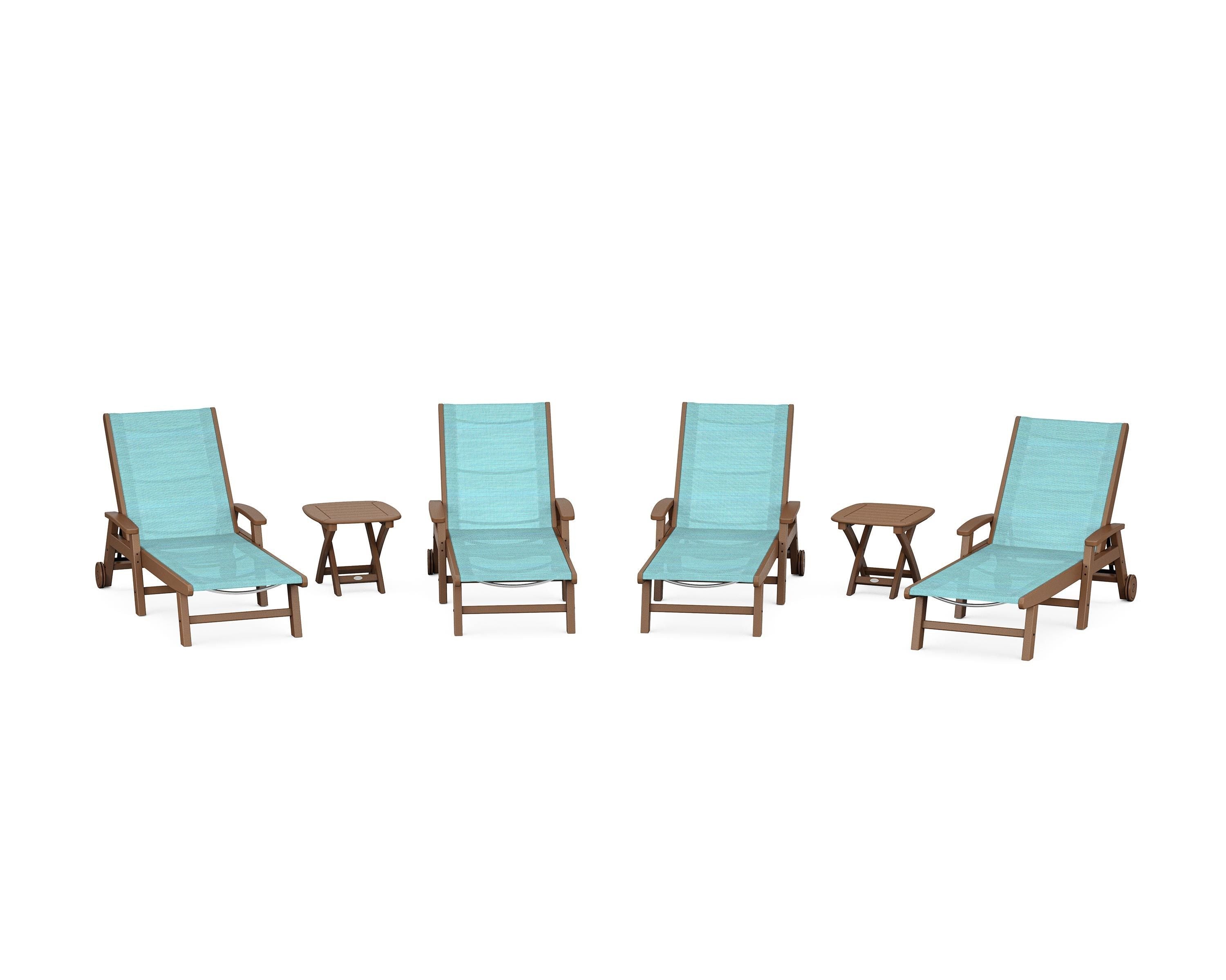 POLYWOOD® Coastal Chaise 6-Piece Set with Wheels in Teak / Dupioni Aquamarine Sling