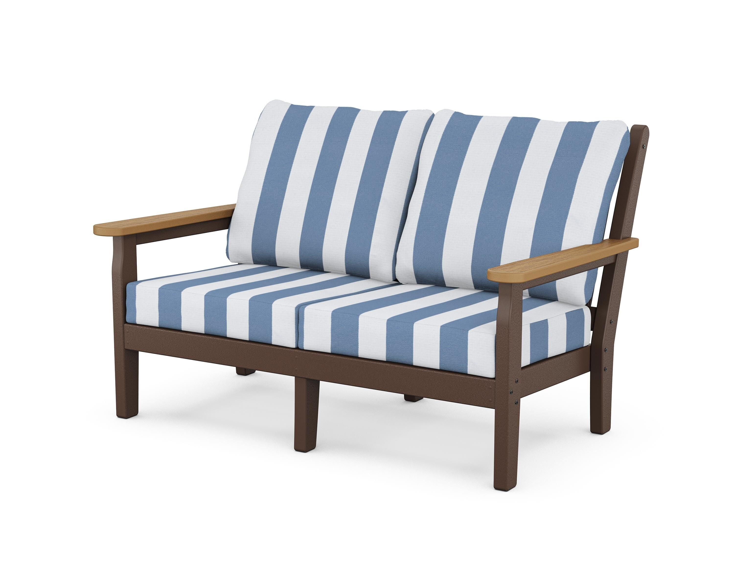 POLYWOOD® Chippendale Deep Seating Loveseat in Mahogany / Natural / Cabana Stripe Sky Blue