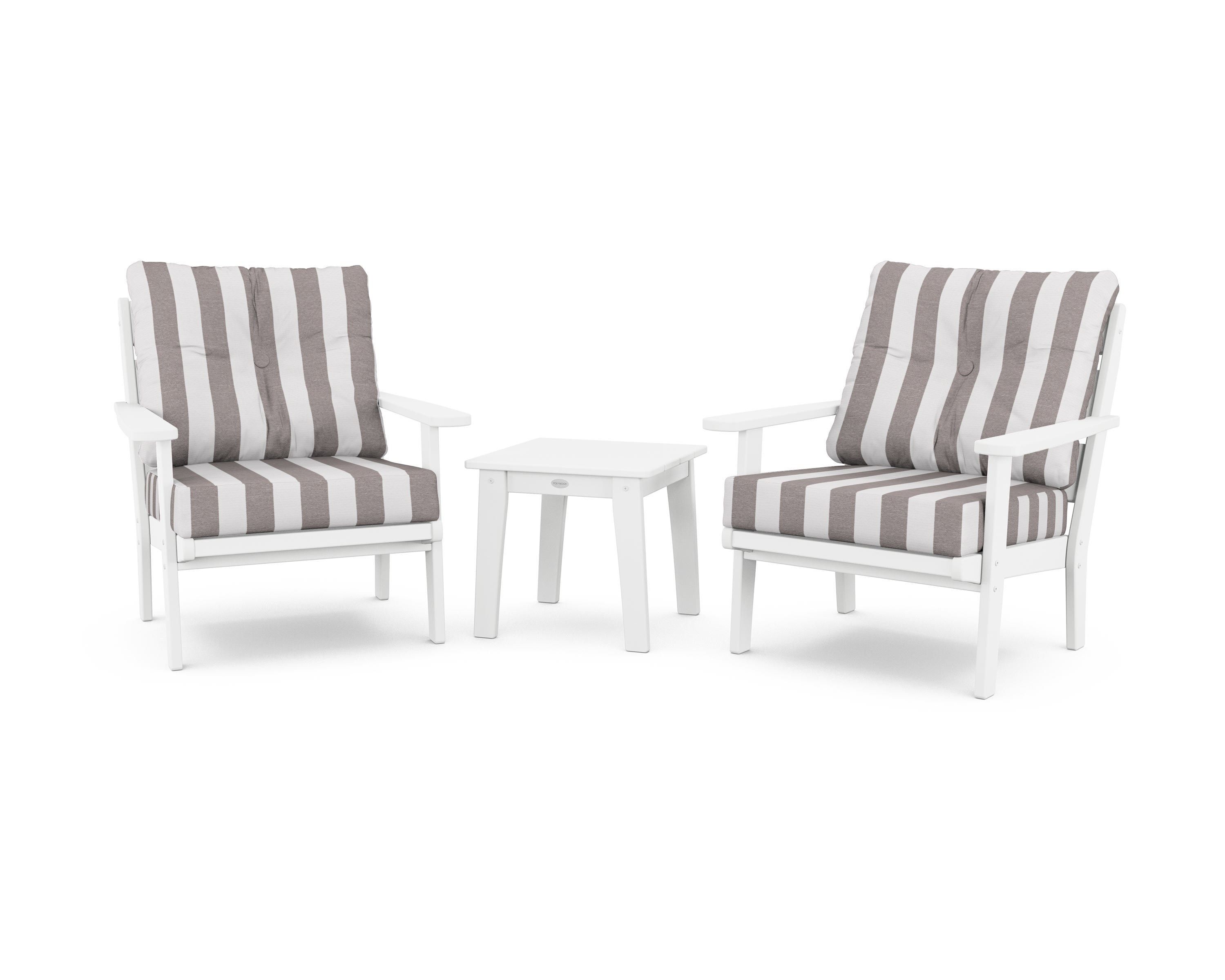 POLYWOOD® Lakeside 3-Piece Deep Seating Chair Set in White / Cabana Stripe Grey Mist