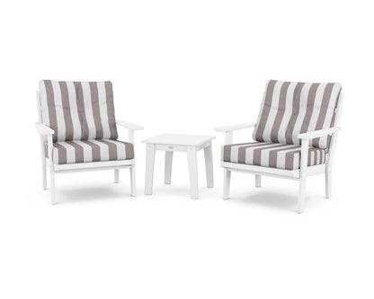 POLYWOOD® Lakeside 3-Piece Deep Seating Chair Set in White / Cabana Stripe Grey Mist
