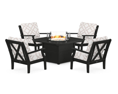 POLYWOOD® Braxton 5-Piece Deep Seating Conversation Set with Fire Pit Table in Black / Trellis Dune Burlap
