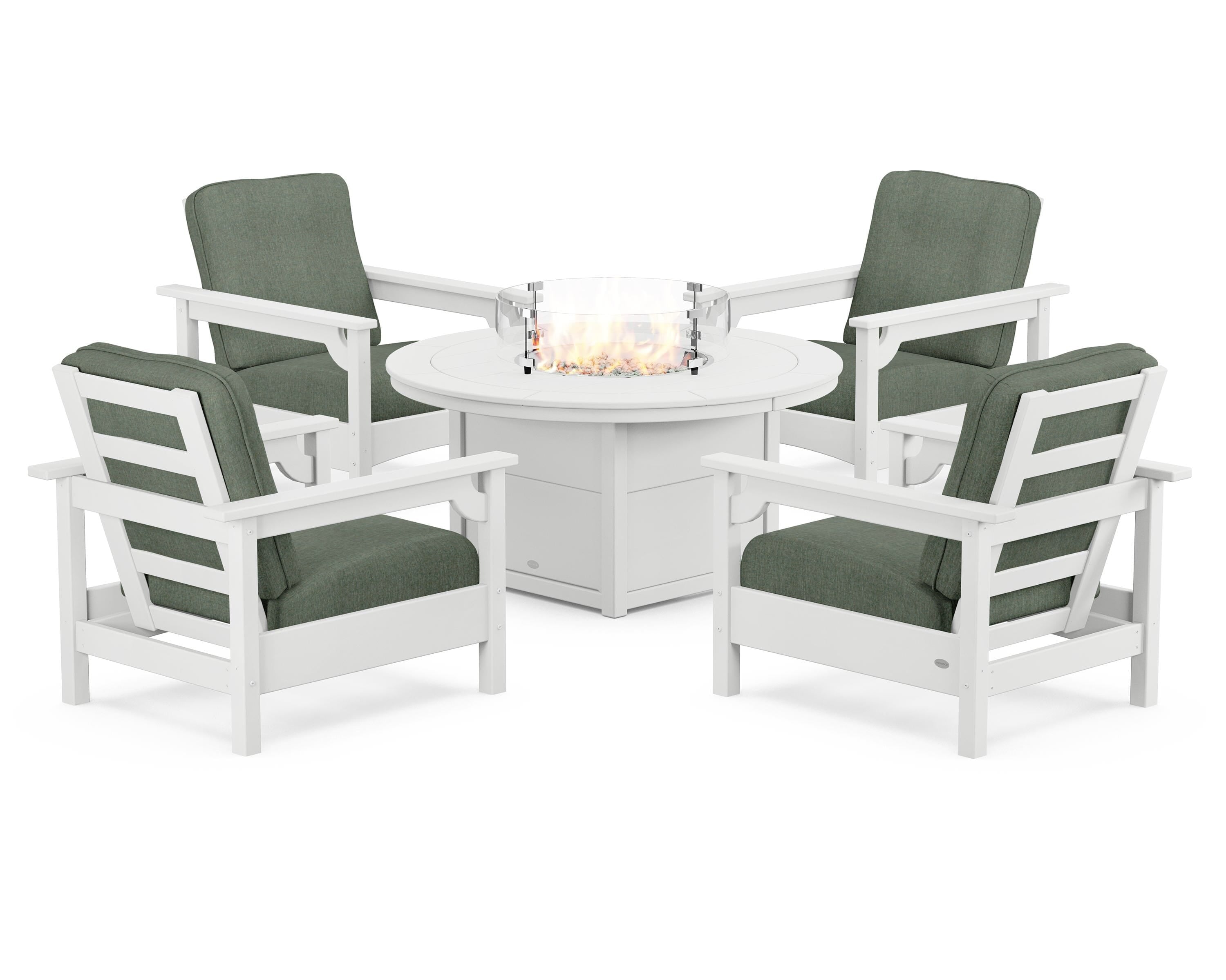POLYWOOD® Club 5-Piece Conversation Set with Fire Pit Table in White / Cast Sage