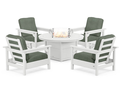 POLYWOOD® Club 5-Piece Conversation Set with Fire Pit Table in White / Cast Sage