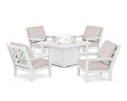 POLYWOOD® Chippendale 5-Piece Deep Seating Set with Fire Pit Table in White / Dune Burlap
