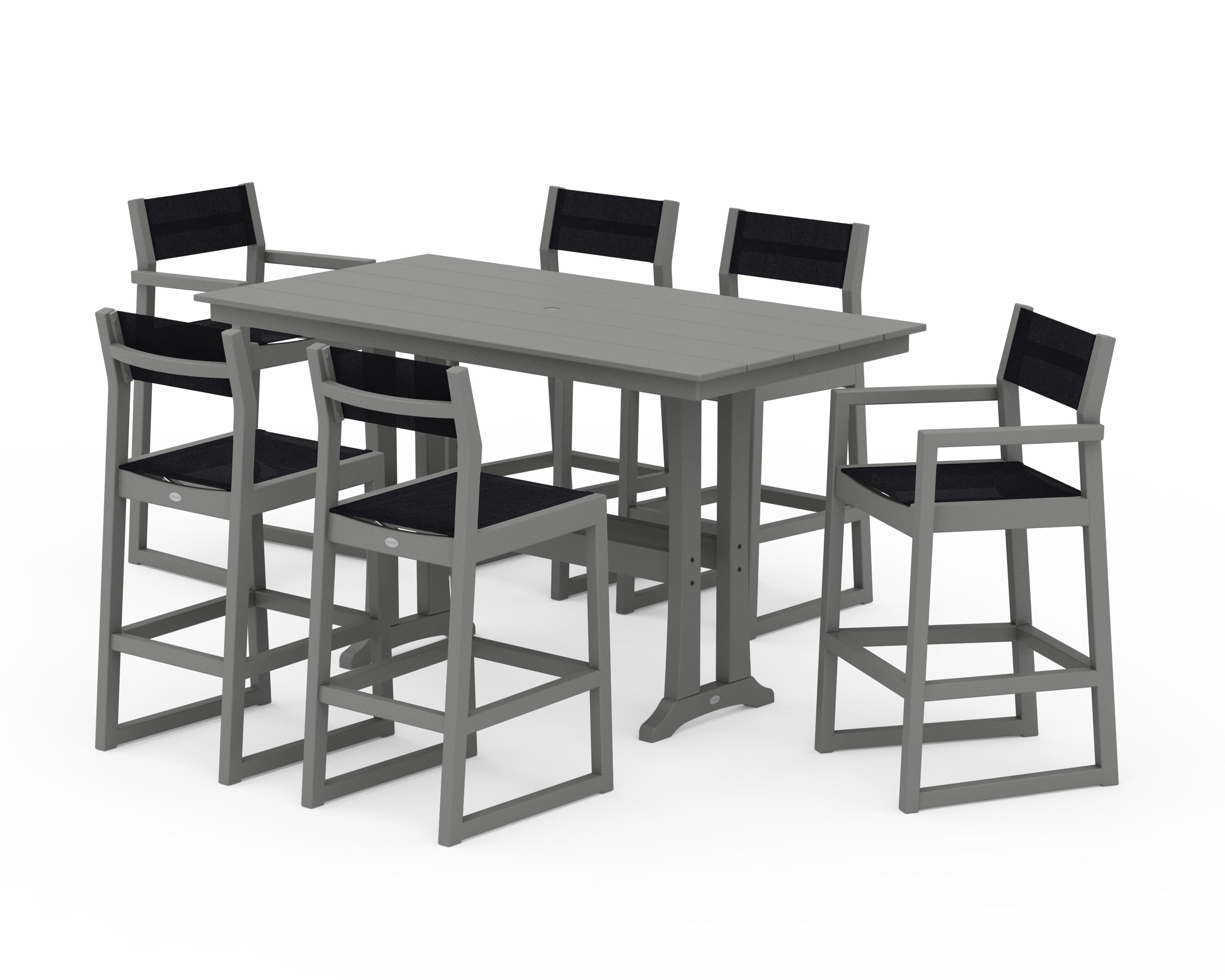 POLYWOOD® EDGE Sling 7-Piece Farmhouse Bar Set with Trestle Legs in Slate Grey / Black Sling