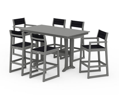 POLYWOOD® EDGE Sling 7-Piece Farmhouse Bar Set with Trestle Legs in Slate Grey / Black Sling