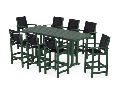 POLYWOOD® Coastal 9-Piece Bar Set with Trestle Legs in Green / Black Sling