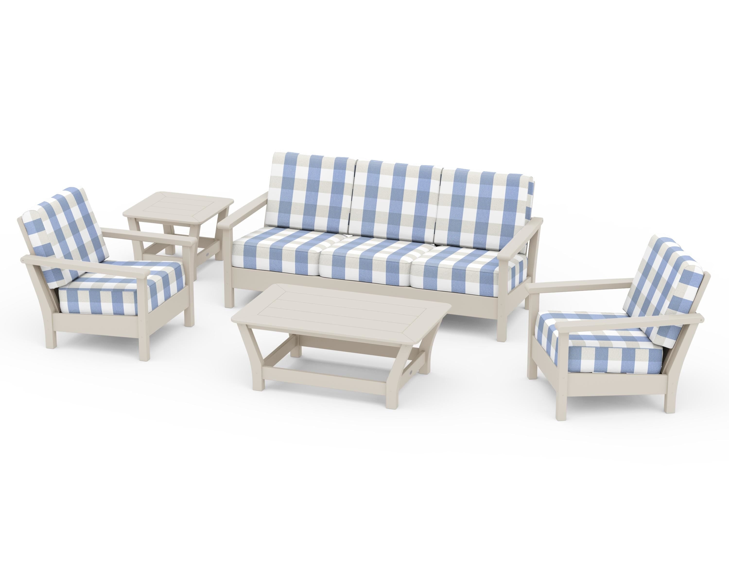 POLYWOOD® Harbour 5-Piece Deep Seating Set in Sand / Buffalo Plaid Sky Blue