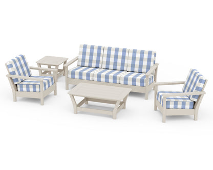 POLYWOOD® Harbour 5-Piece Deep Seating Set in Sand / Buffalo Plaid Sky Blue
