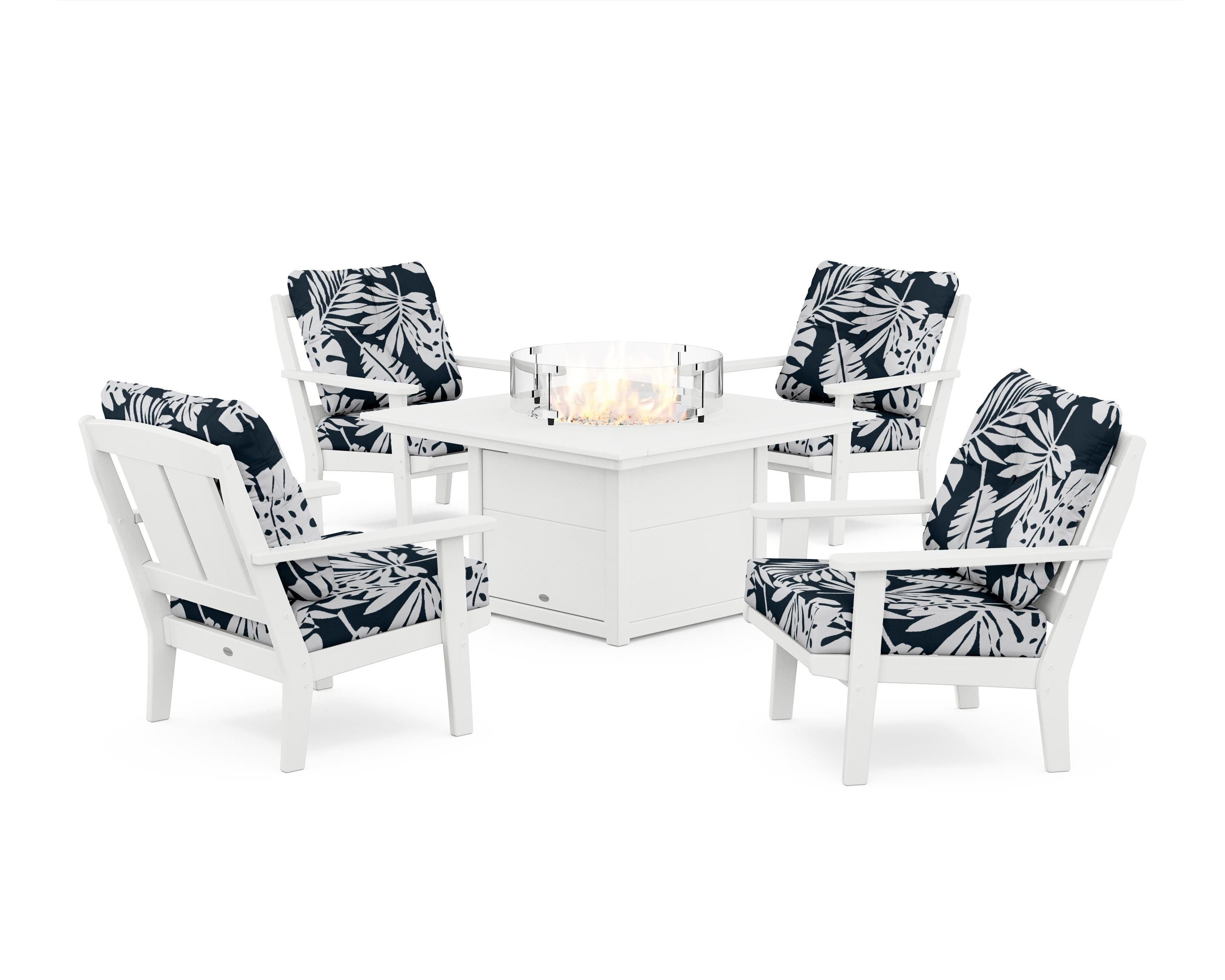 POLYWOOD® Mission 5-Piece Deep Seating Set with Fire Pit Table in White / Leaf Marine Indigo